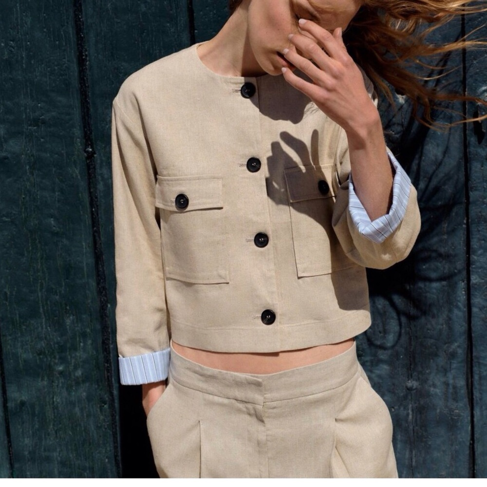 Zara khaki tan crop shirt jacket top coat cargo pockets, collar button front
